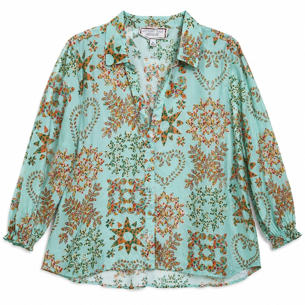Johnny Was Workshop Size Medium Silk Floral Geo Print Button Up Blouse Aqua